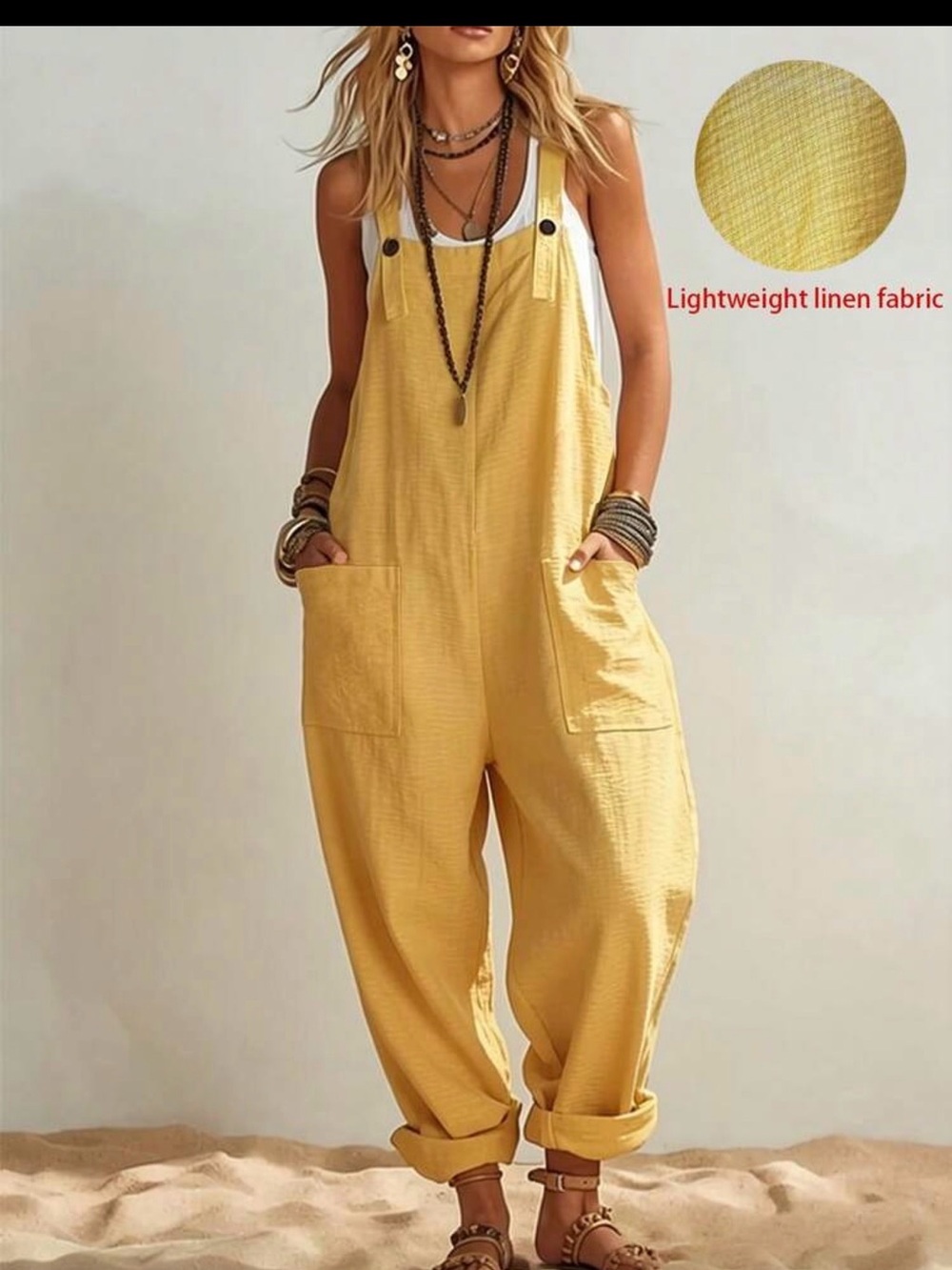 SHEIN Lightweight Linen Yellow Relaxed Overalls Jumpsuit